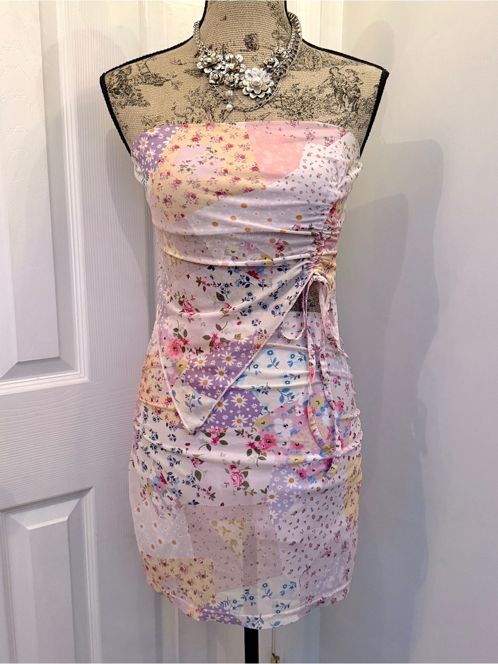 SHEIN Peach & Pink Floral Patchwork Strapless Crop Top and Mini Skirt Set